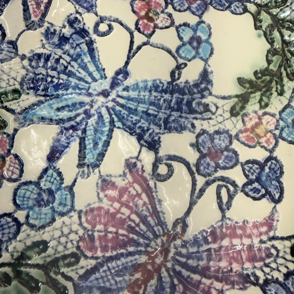 Ceramic Butterfly Floral Platter 14x11 Lace Motif Tray Purple Blue Pink Green - Picture 3 of 6